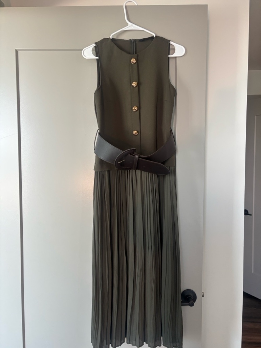 Zara Olive Green Sleeveless Midi Dress with Pleated Skirt and Gold Buttons
